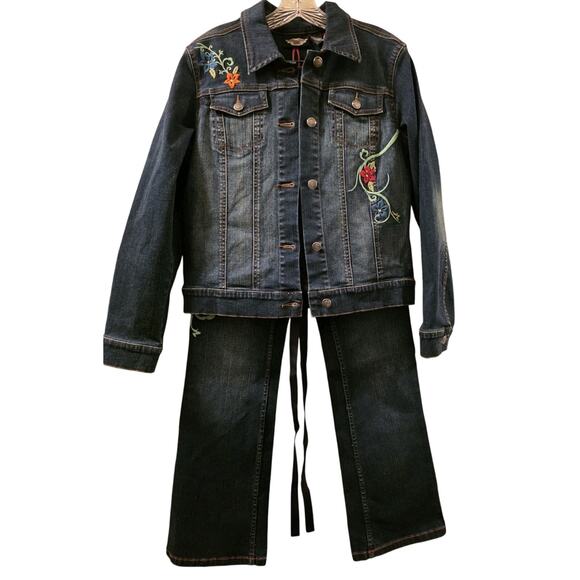 Vtg Floral Embroidered Harley Davidson 3 Piece Denim Set Jacket Pants Corset S/2 - Picture 1 of 16